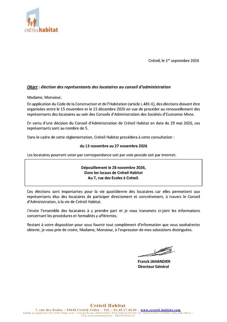 Creteil Habitat - Election des représentants des locataires au Conseil d'Administration - Lettre circulaire info ELoc2026 Page 1