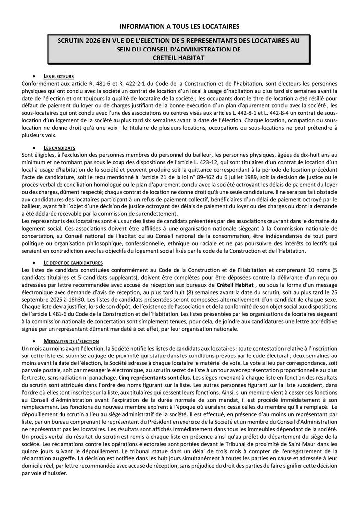 Creteil Habitat - Election des représentants des locataires au Conseil d'Administration - Lettre circulaire info ELoc2026 Page 2 1